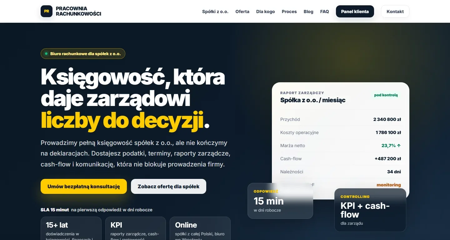 Strona główna pracowniarachunkowosci.pl - hero z headlinem &bdquo;Księgowość, która daje zarządowi liczby do decyzji&rdquo;